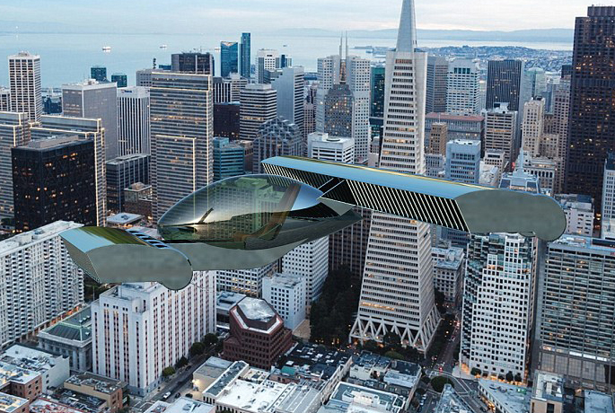 Cosmopolitan eVTOL flying over the city Cosmopolitan eVTOL flying over the city